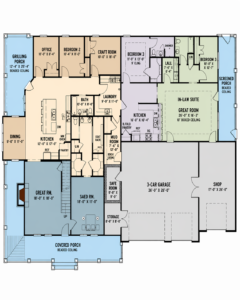 luxury 4 bedroom house floor plan with in-law suite 3 car garage office craft room and large porches