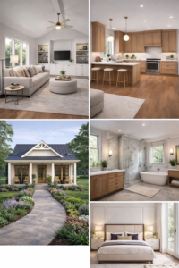 modern house design interior and exterior with living room, kitchen, bathroom and bedroom layout