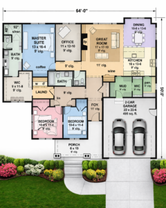 modern 4 bedroom house floor plan with office, open living room, dining area and 2 car garage