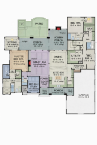 modern 4 bedroom house floor plan with patio screen porch study room dining kitchen and 2 car garage layout
