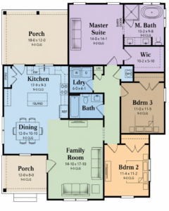 3 bedroom house floor plan with master suite, kitchen with island, dining area, family room, laundry, and front and rear porch layout