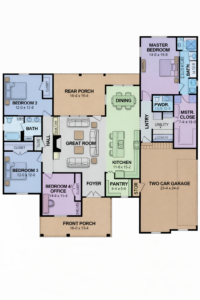 modern 4 bedroom house floor plan with office open kitchen dining area two car garage and large front and rear porch