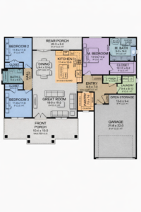 Modern 3 bedroom house floor plan with garage, open kitchen, pantry, great room, front porch, and rear porch layout