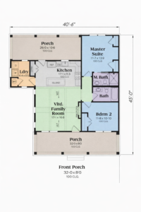 modern 2 bedroom house floor plan with open kitchen, family room, master suite, laundry and front porch
