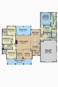 spacious 4 bedroom house design with open living room kitchen dining area and double garage layout