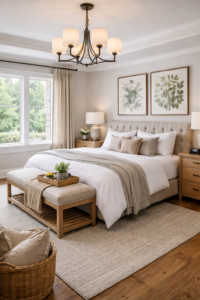 modern bedroom interior design with neutral colors, chandelier lighting and wooden furniture