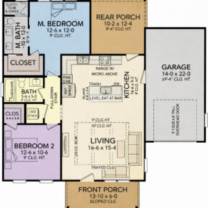 modern 2 bedroom house plan with garage, open kitchen, living room, front porch and rear porch layout