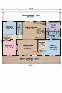 modern 3 bedroom house floor plan with open kitchen dining area large porch and master bedroom suite layout