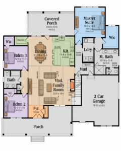3 bedroom house floor plan with master suite, vaulted family room, kitchen with island, dining area, covered porch and 2 car garage