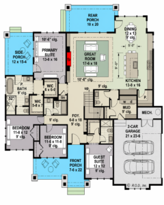 4 bedroom house floor plan with guest suite, primary suite, open kitchen, great room, dining area, 2 car garage and front, rear and side porches