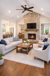 uxury modern living room interior with fireplace, open plan layout, comfortable sofa seating, wooden flooring and bright natural lighting