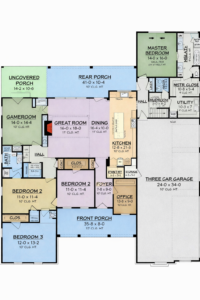 modern 4 bedroom house floor plan with 3 car garage office gameroom rear porch and open kitchen layout