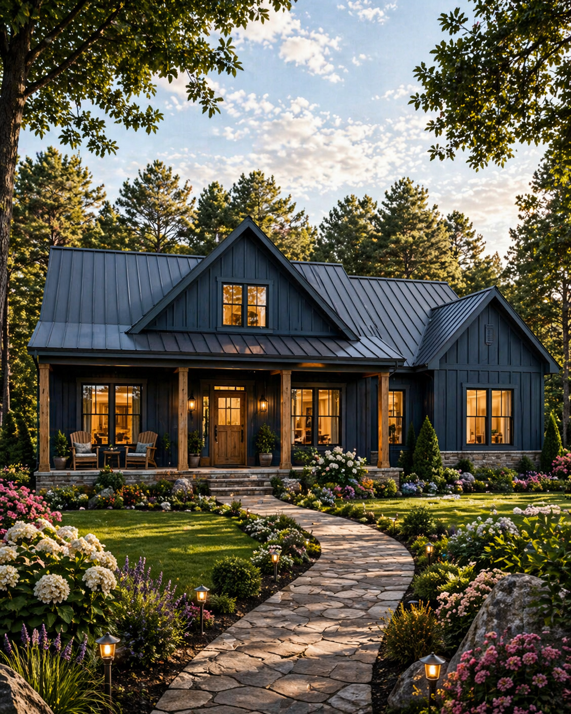 modern 3 bedroom house exterior with front porch, landscaped garden, stone walkway and dark siding design