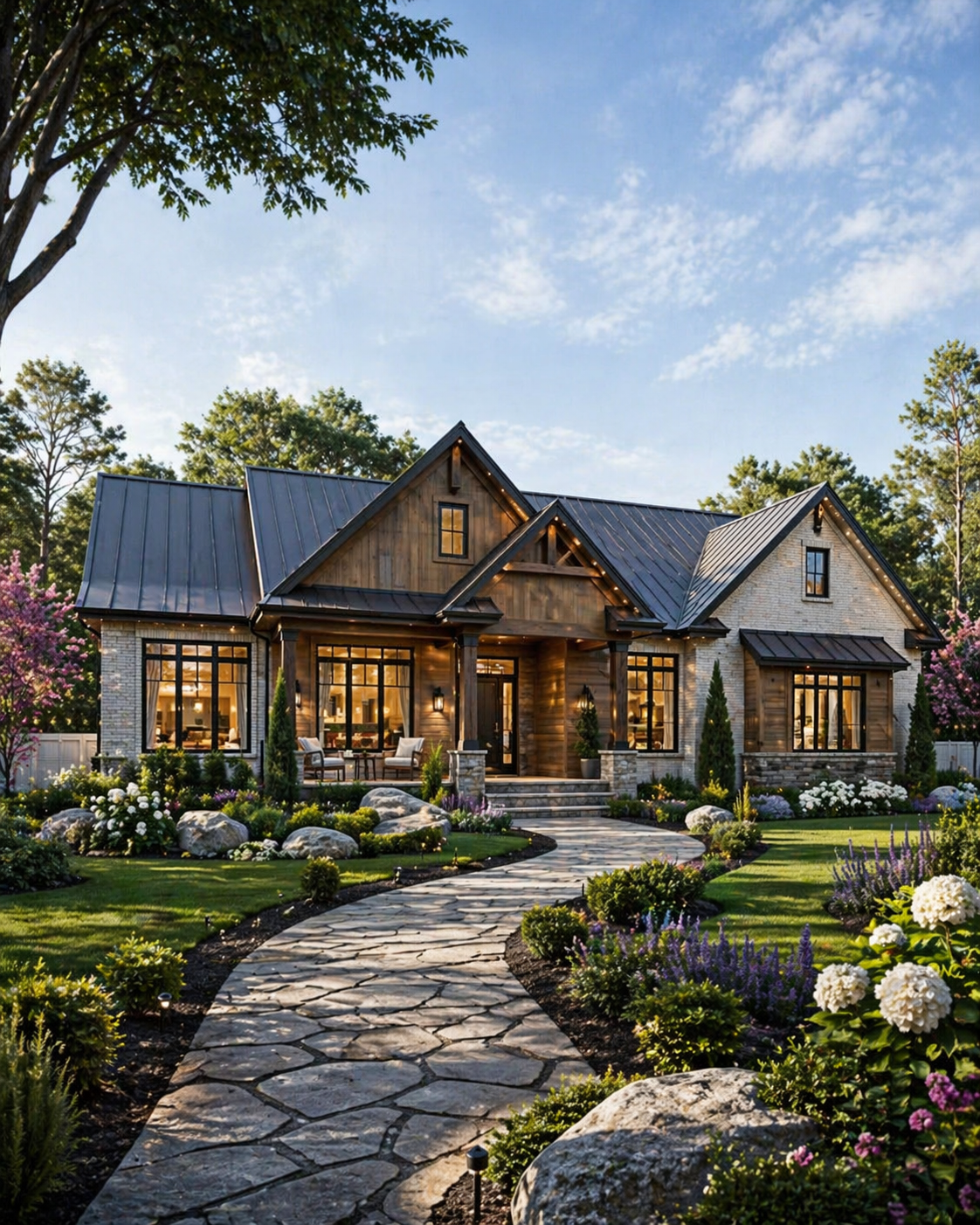 modern 4 bedroom house exterior with stone pathway, landscaped garden, front porch, large windows and luxury design