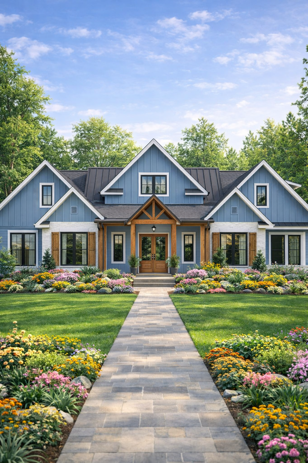 modern 4 bedroom house exterior with garden landscaping front yard walkway and blue farmhouse design