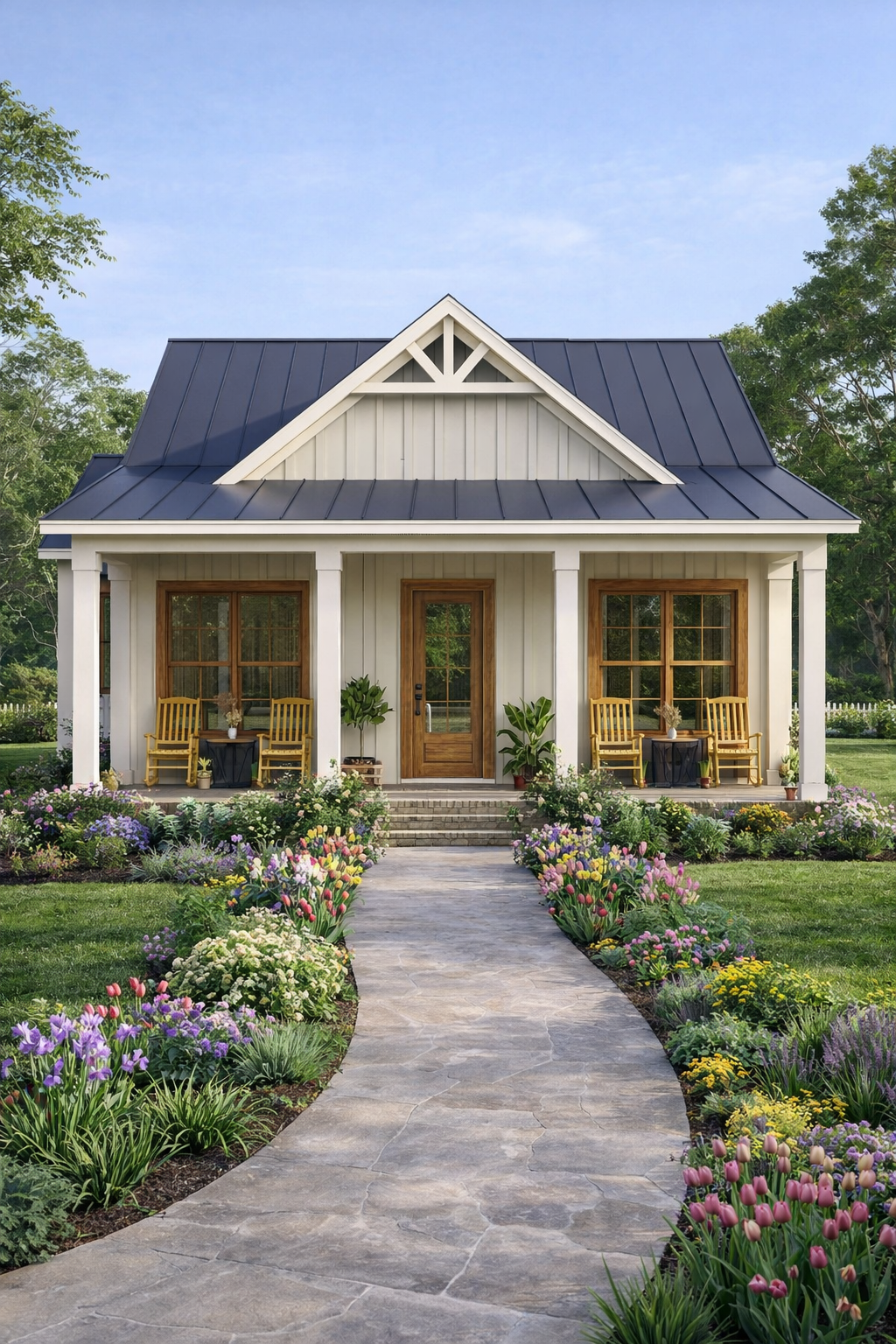 modern small house design with front porch and landscaped garden pathway