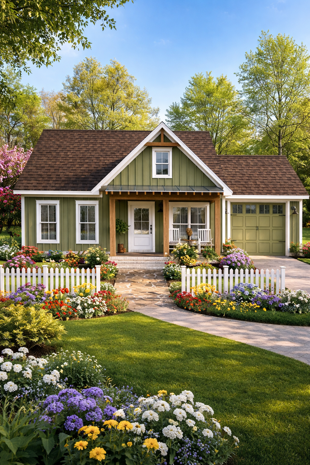 modern small house design with beautiful garden, green exterior home, cozy modern house with flowers and front porch