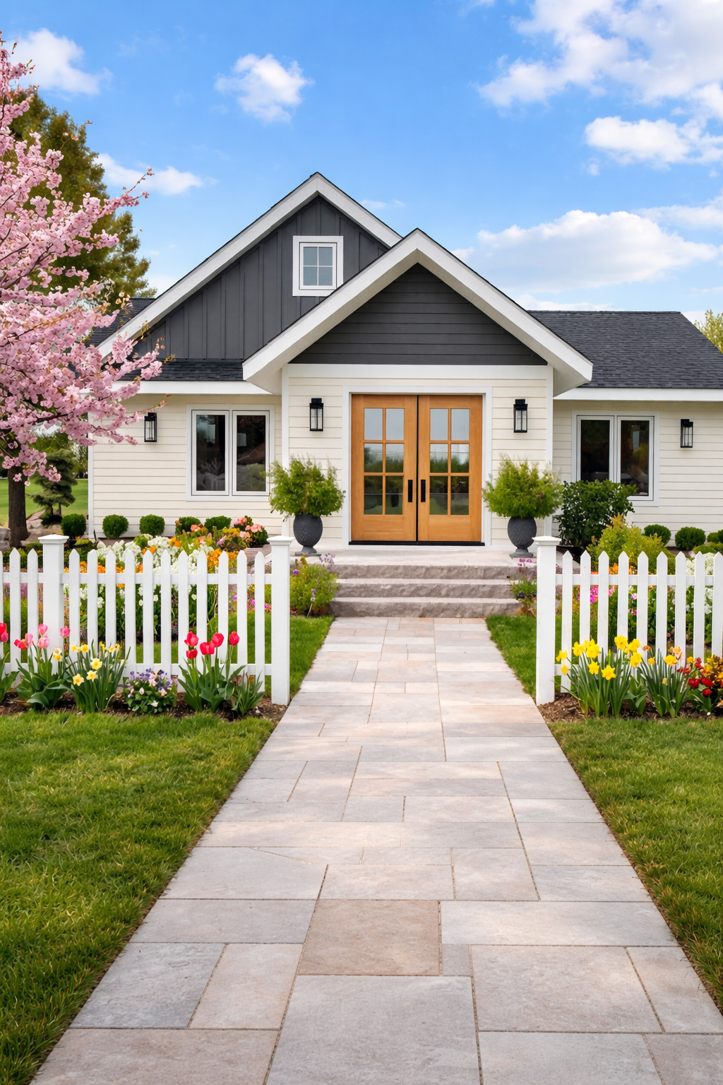 Modern living room interior with open plan design, cozy fireplace, sofa seating, wooden floor and bright natural lighting