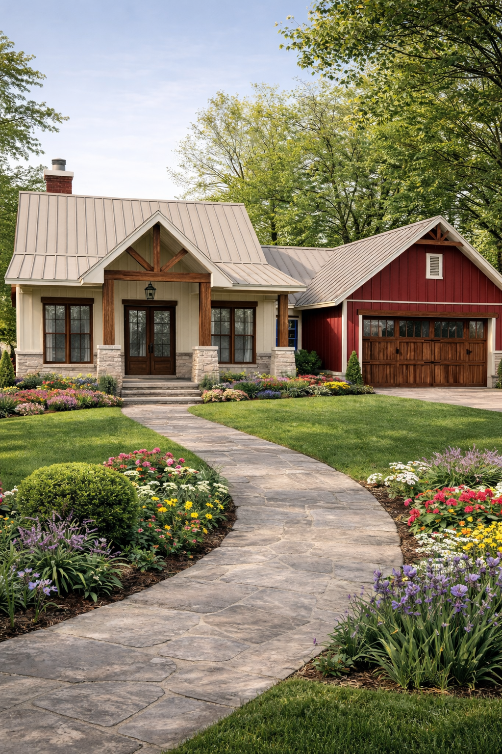 Modern 3 bedroom house design with garage, front porch, metal roof, and landscaped garden with stone pathway