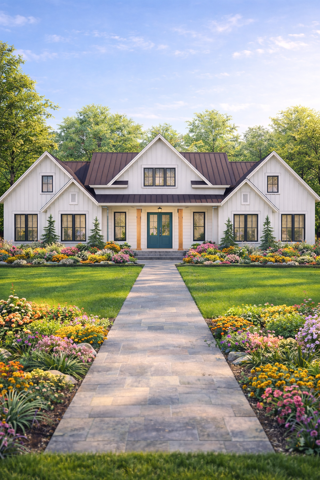 modern farmhouse exterior with landscaped garden front yard walkway and white siding house design
