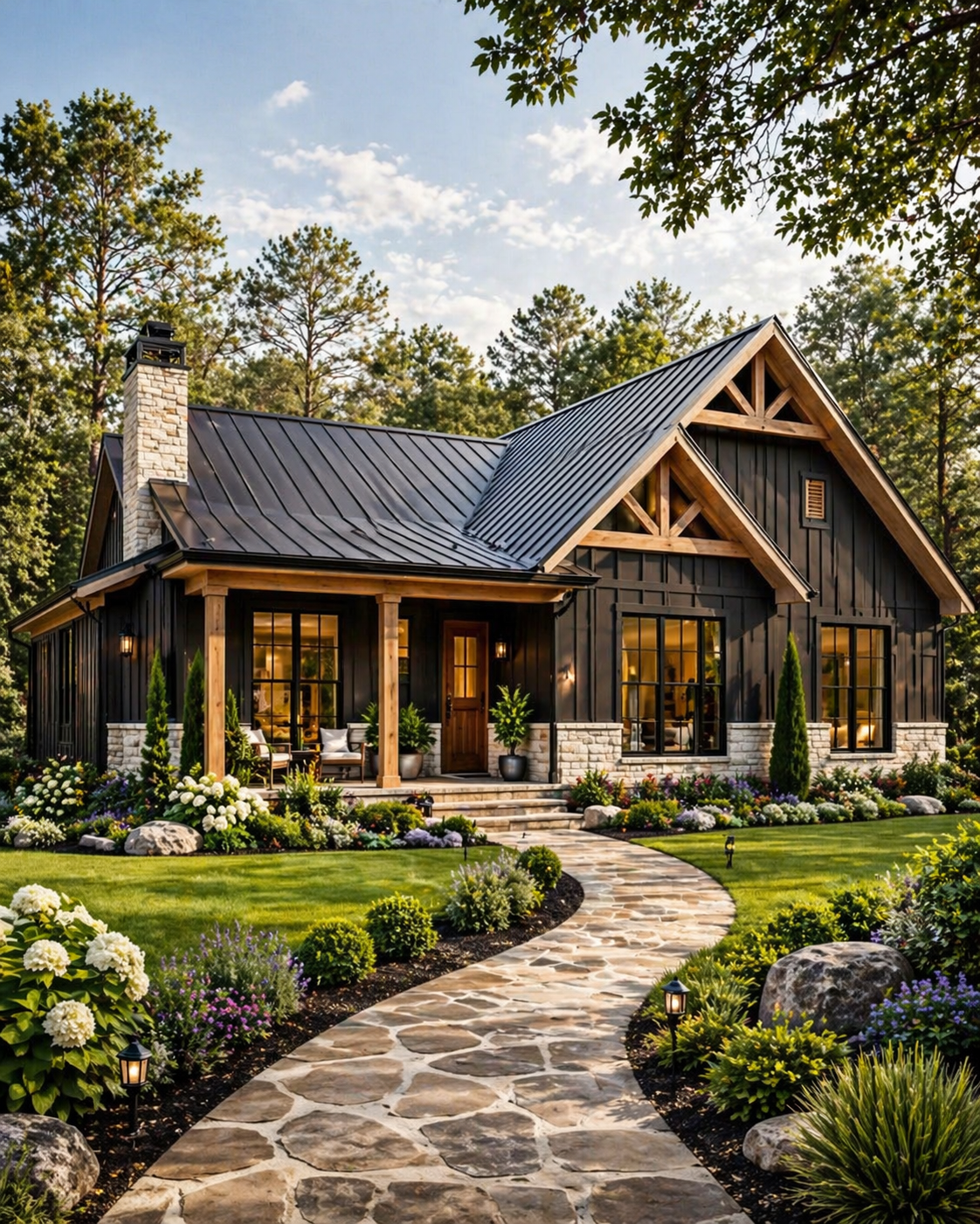 modern 3 bedroom house exterior with front porch, stone pathway, landscaped garden and dark siding design