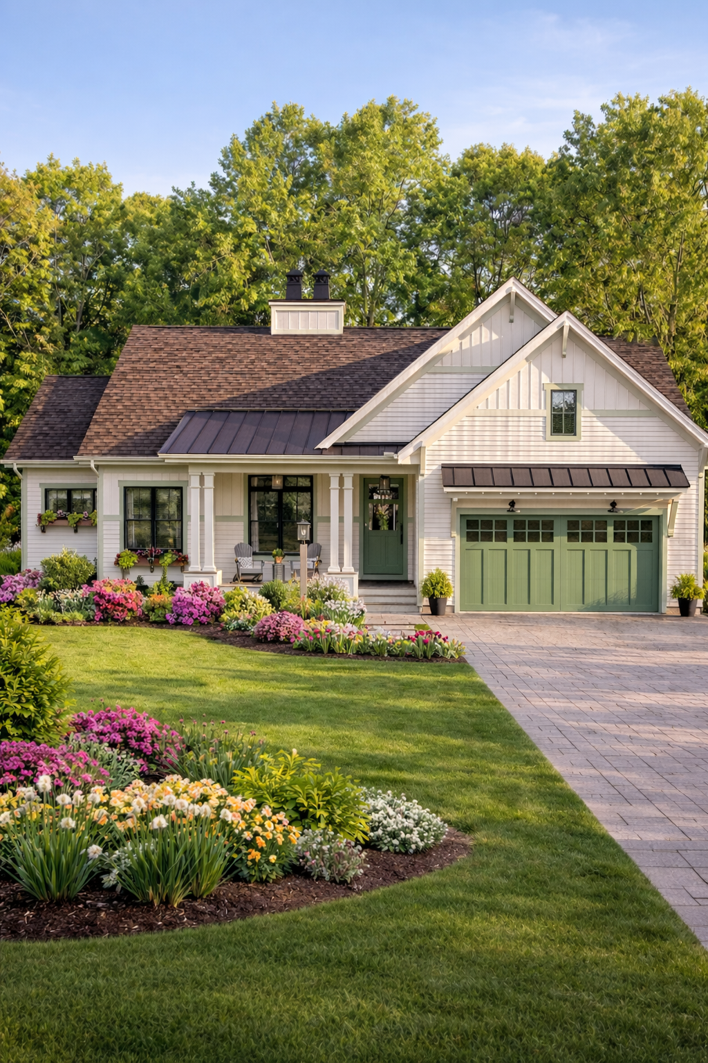 modern 4 bedroom house exterior design with garage, front porch, and landscaped garden