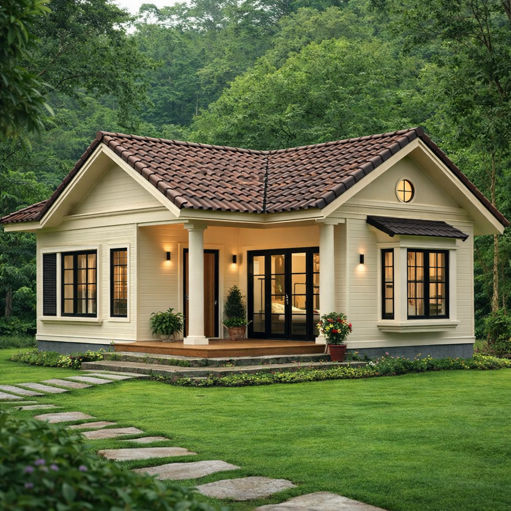 Modern 2 bedroom house design with front porch, tiled roof, large windows, and landscaped garden exterior