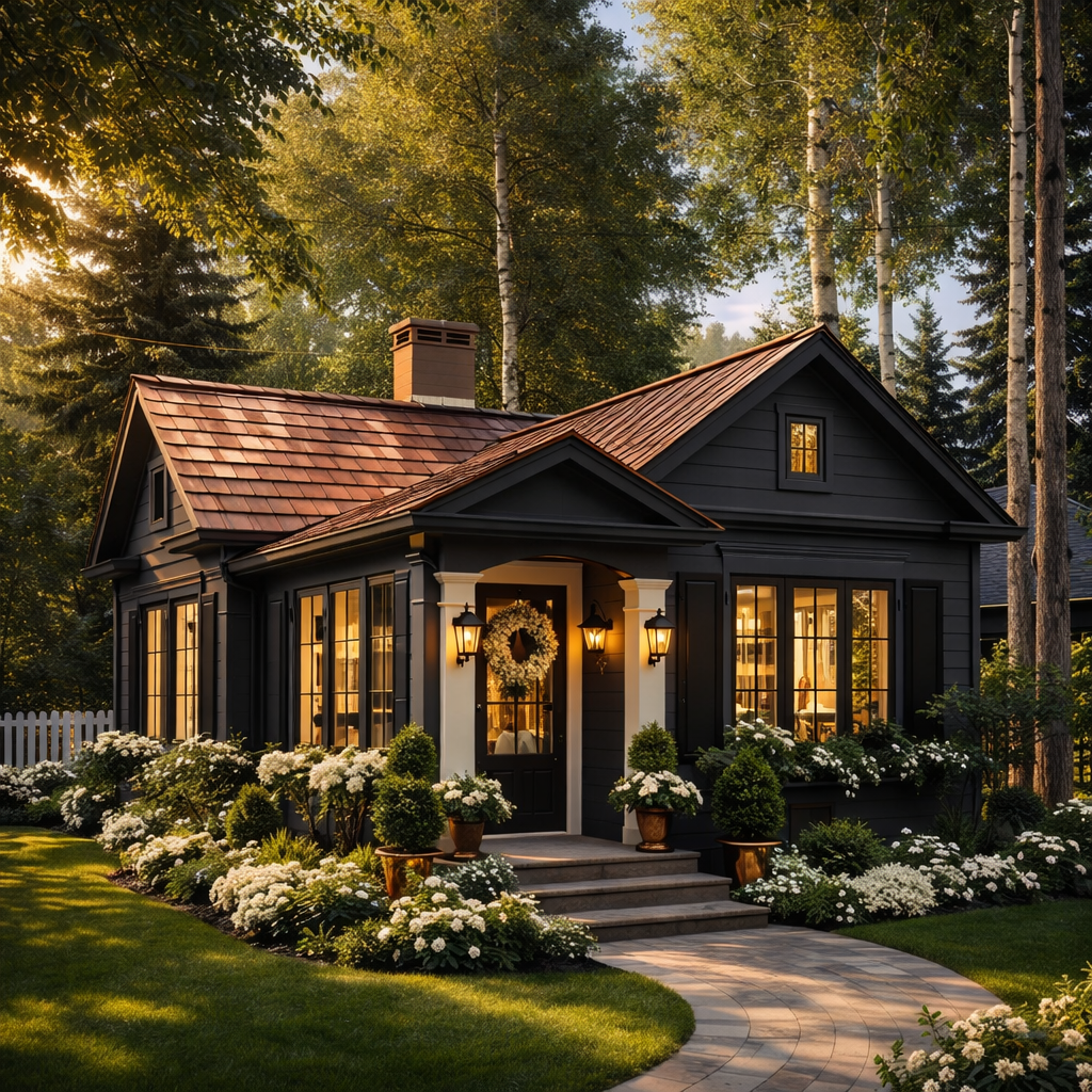 modern small house exterior design with garden, cozy home exterior, small modern house with landscaping and porch