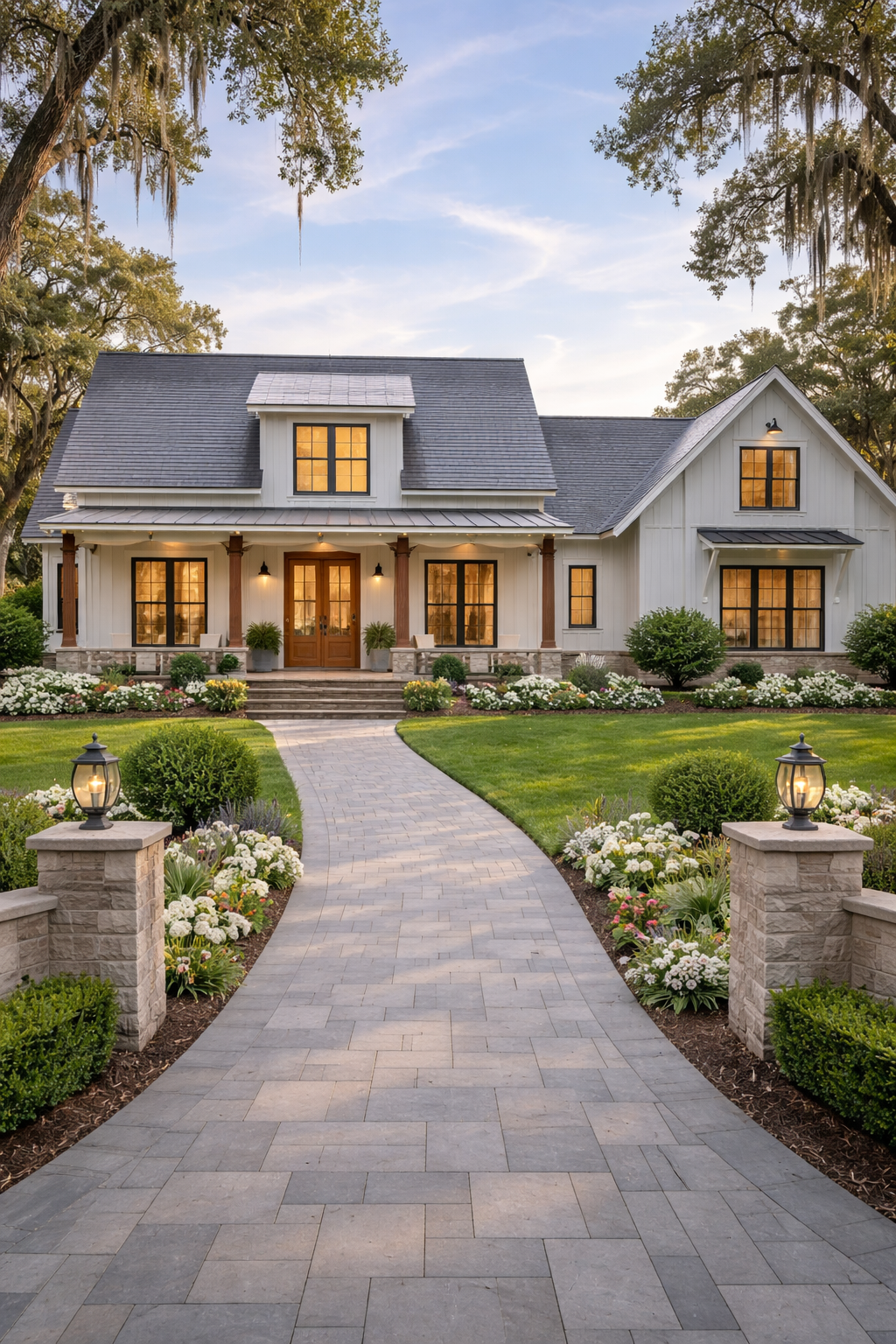 modern 4 bedroom house exterior design with front porch landscaped garden and matching 2D floor plan layout