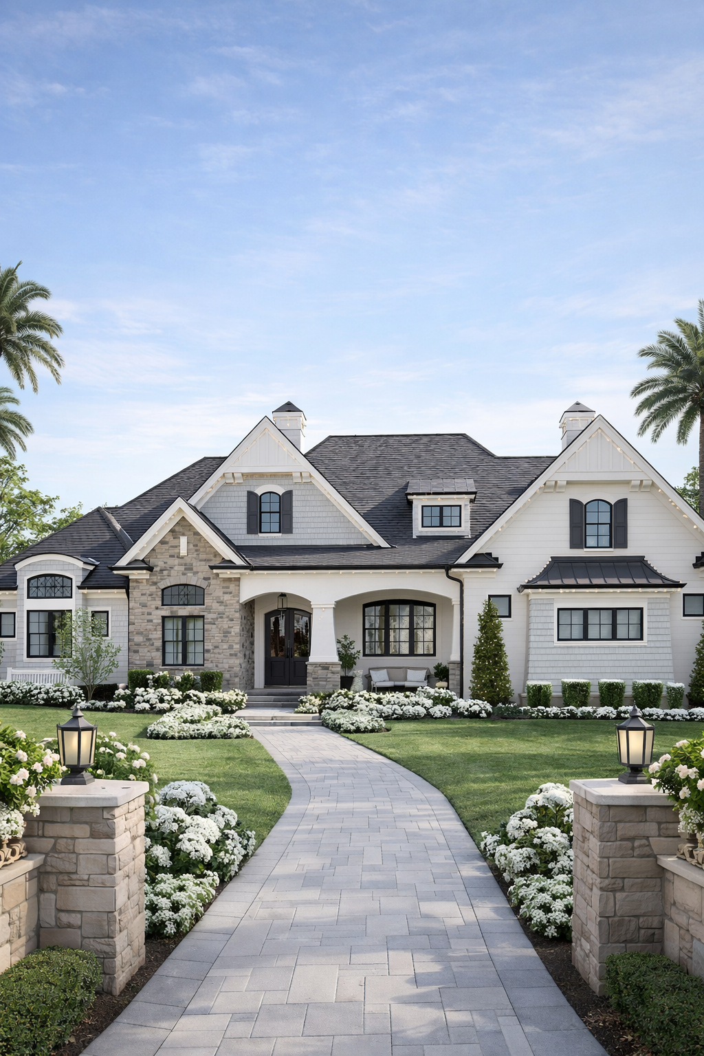 modern 4 bedroom house exterior with stone facade landscaped garden front walkway and luxury home design